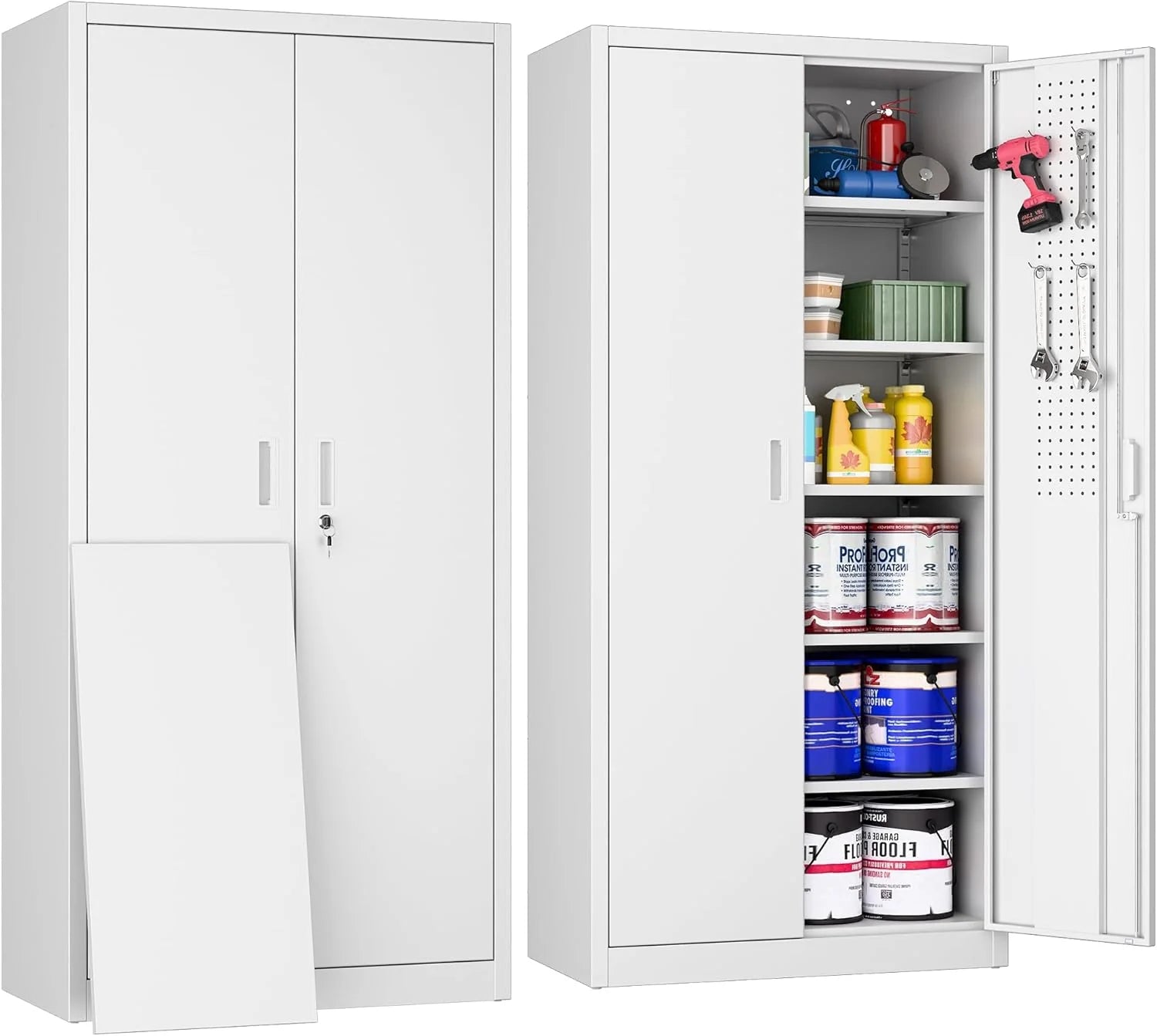 Metal Storage Cabinet with Pegboard 71'' x 34'' x 18'',Lockable Steel Storage Cabinet with 5 Adjustable Shelves and Door for Garage, Office, Kitchen, Assembly Required(Black)